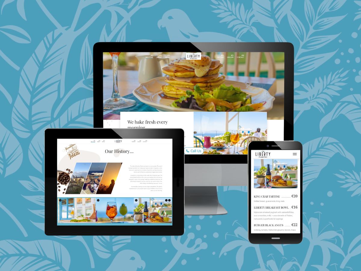 screens from laptop, tablet and mobile phone showing the new website of a Mykonian reastaurant
